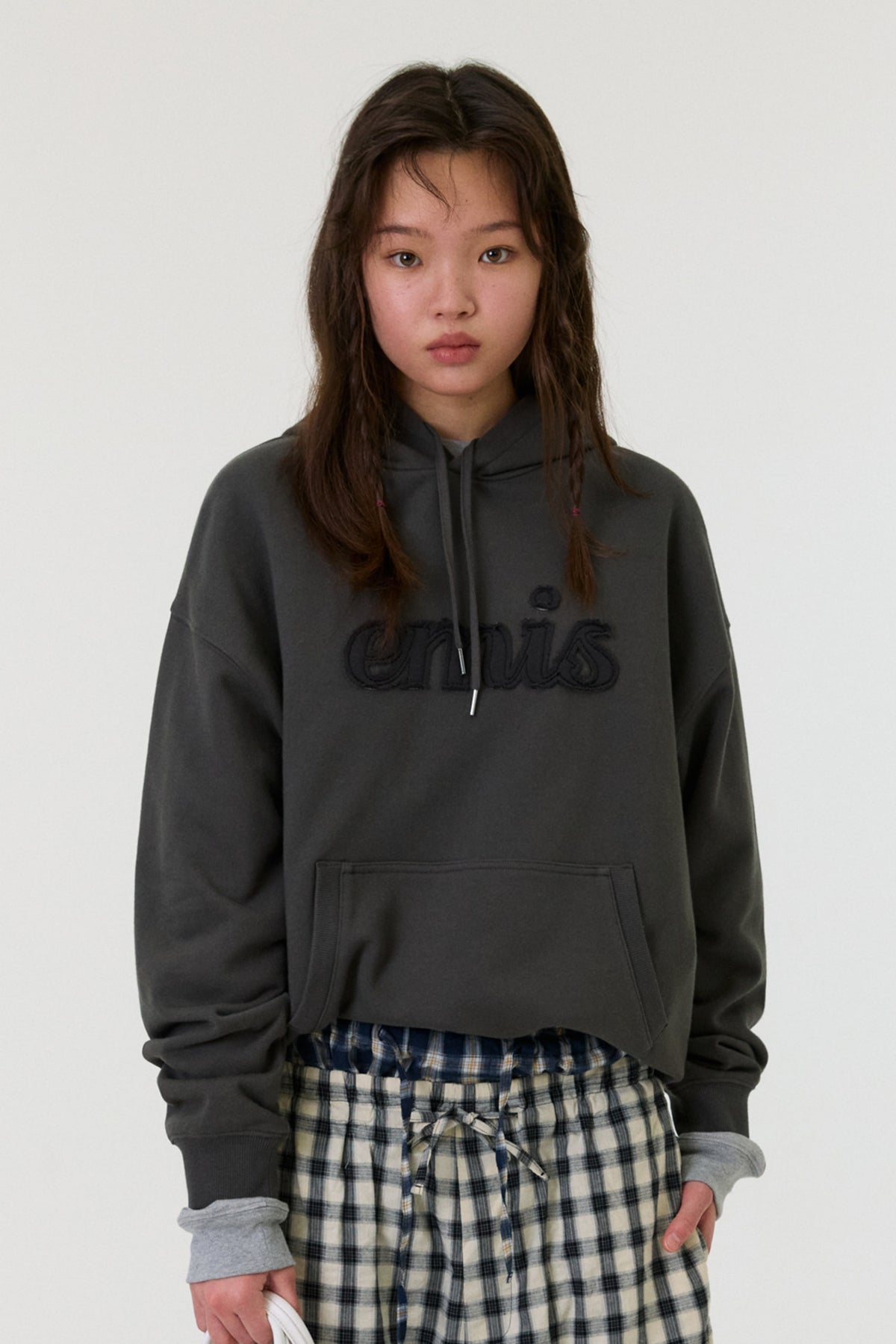 EMIS Color-Block Applique Hoodie-Charcoal