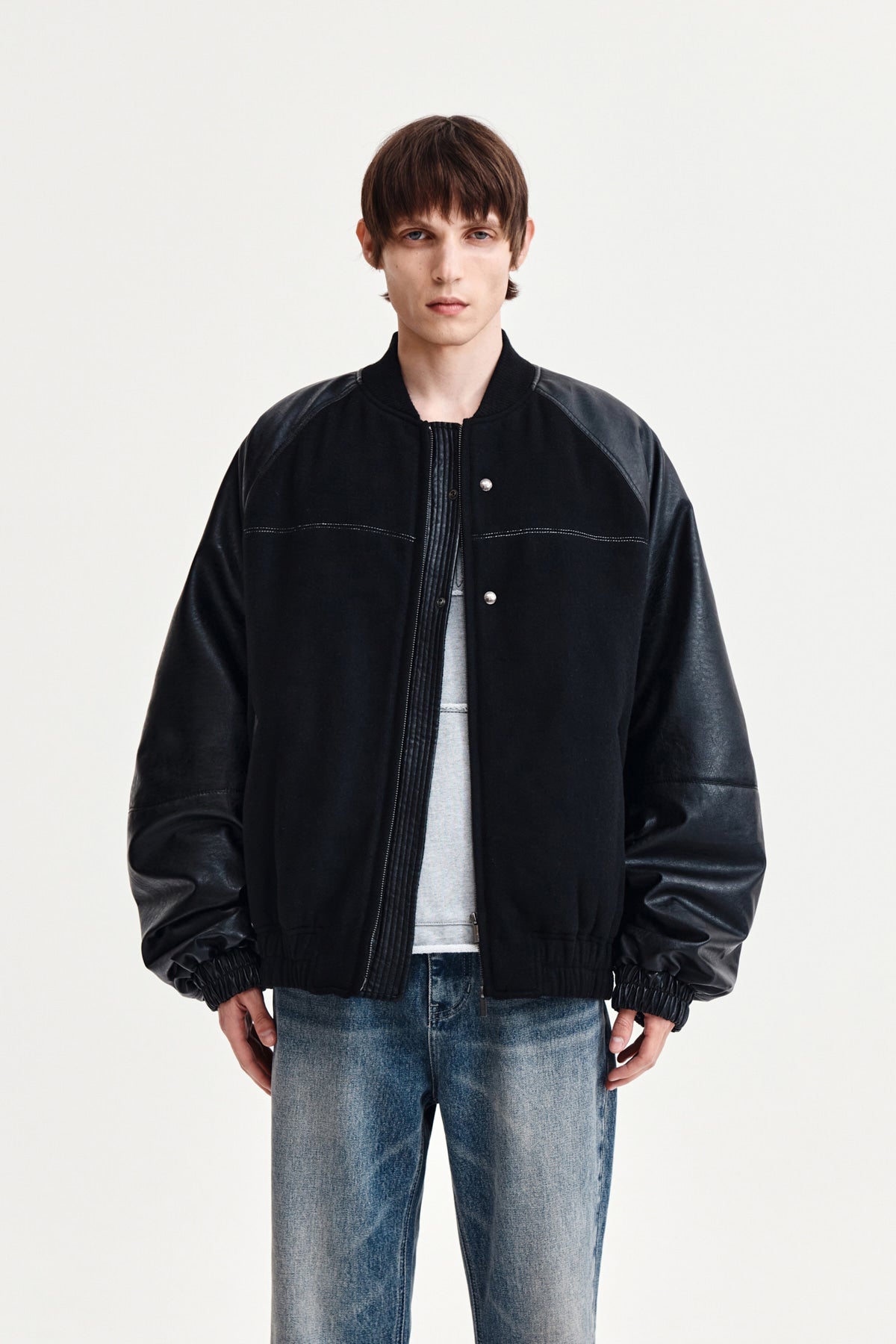 [matinkim] Stunning Point Faux Leather Jumper For Men IN Black