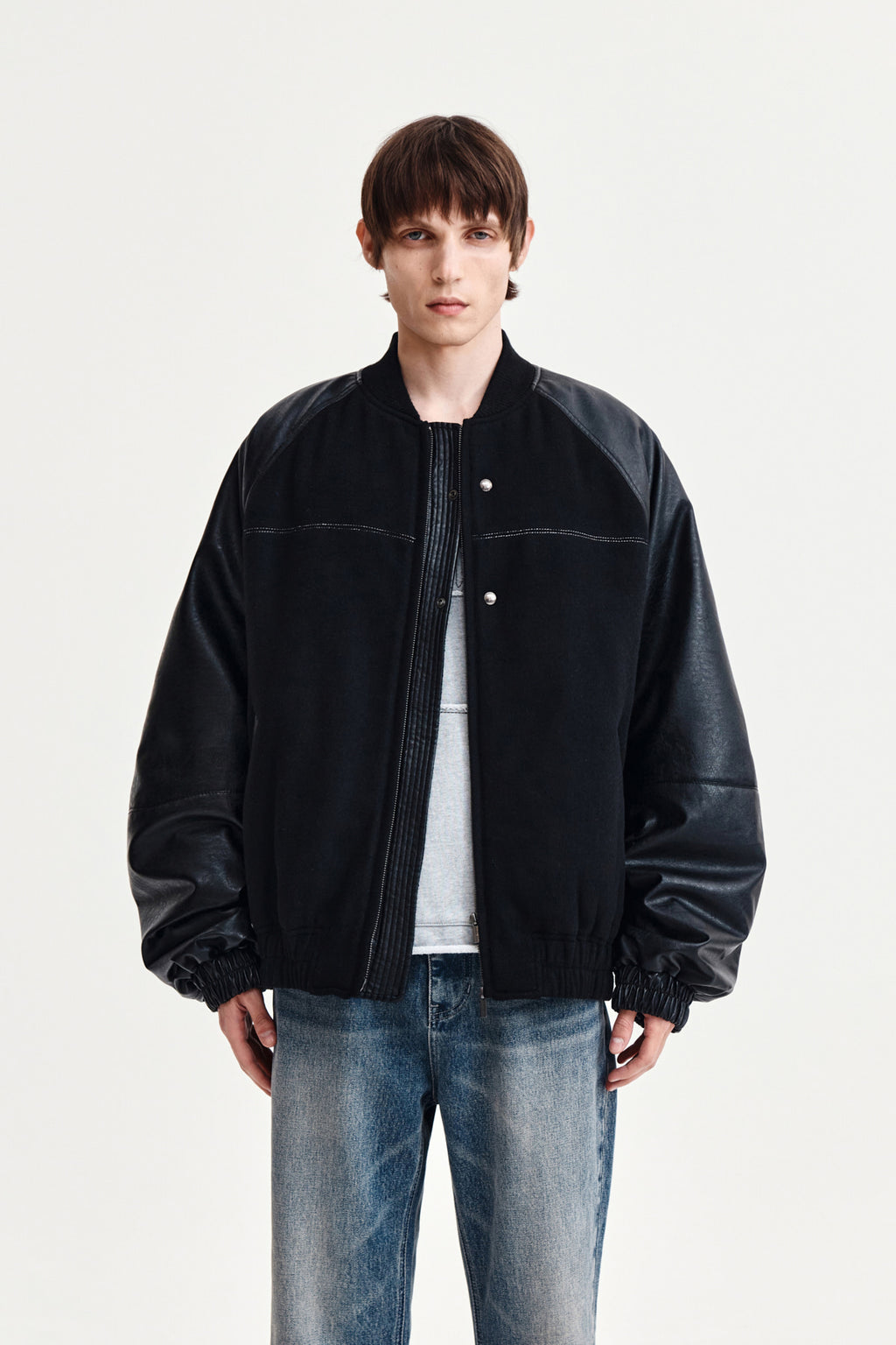[matinkim] Stunning Point Faux Leather Jumper For Men IN Black