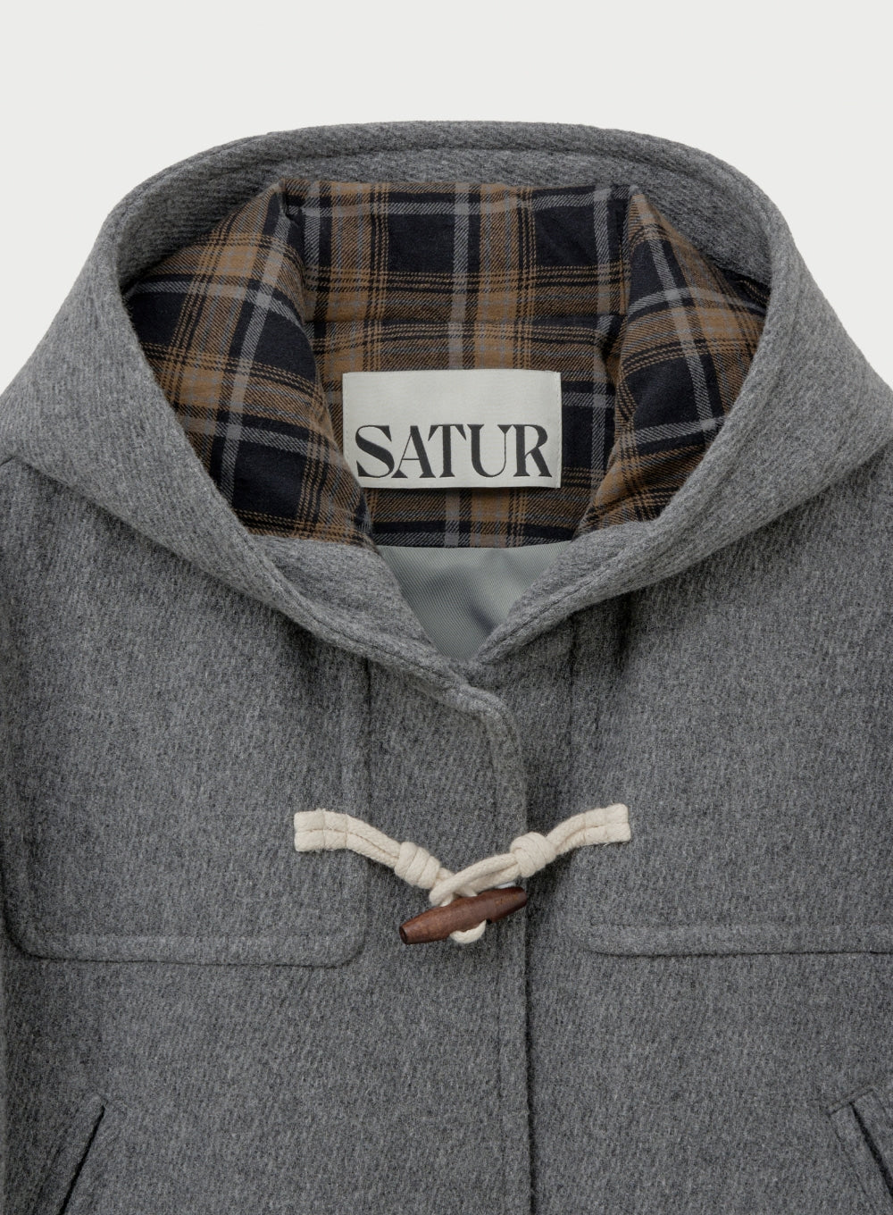[satur] (W) Hood Wool Blend Duffle Half Coat - Gray