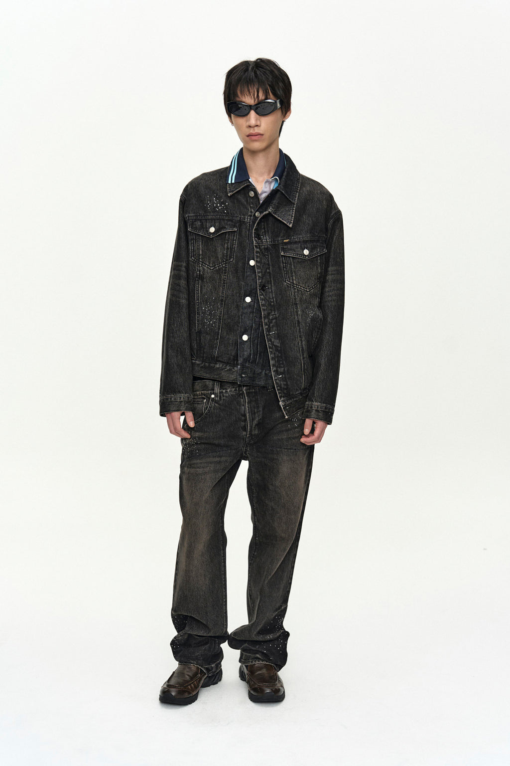 Andersson Bell Unisex Asymmetric Layered Hot-Fix Wide-Leg Jeans