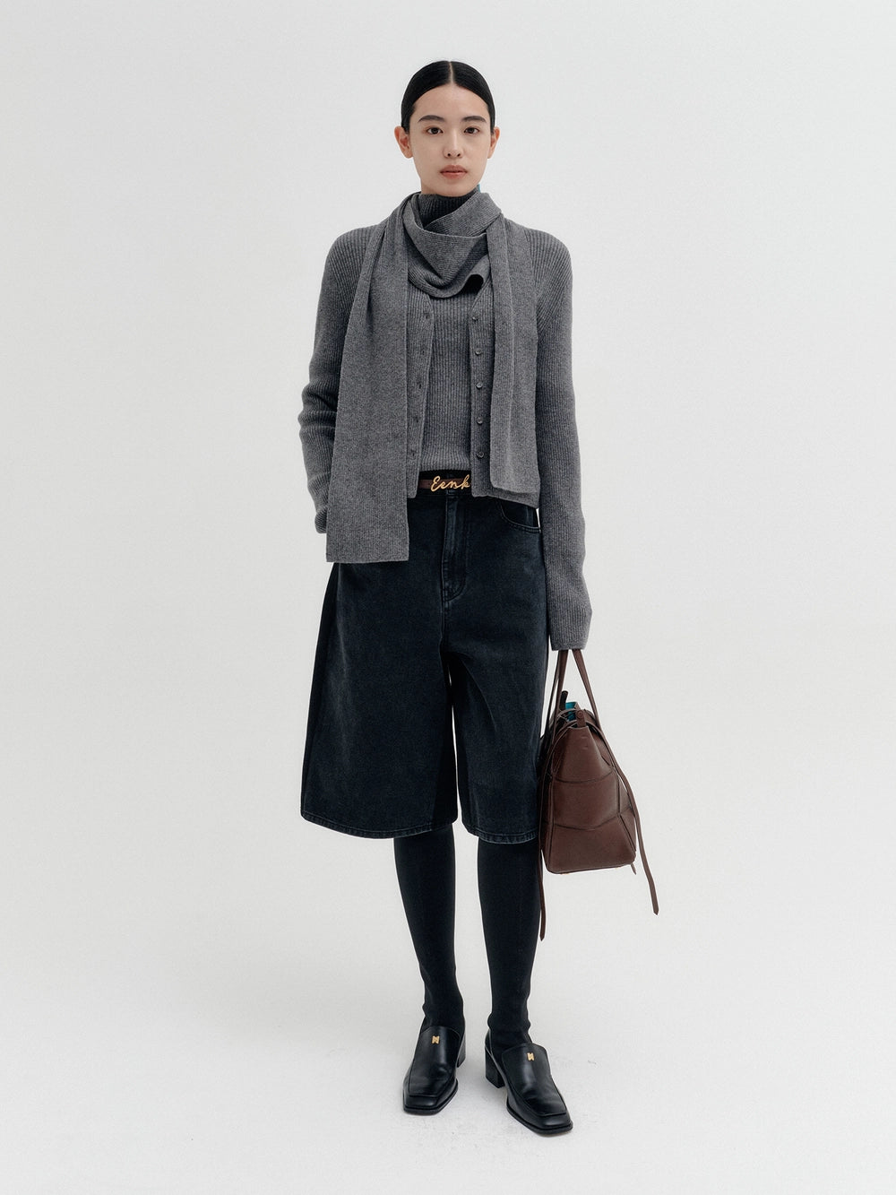 EENK Scarf Layered Knitwear Cardigan - Gray