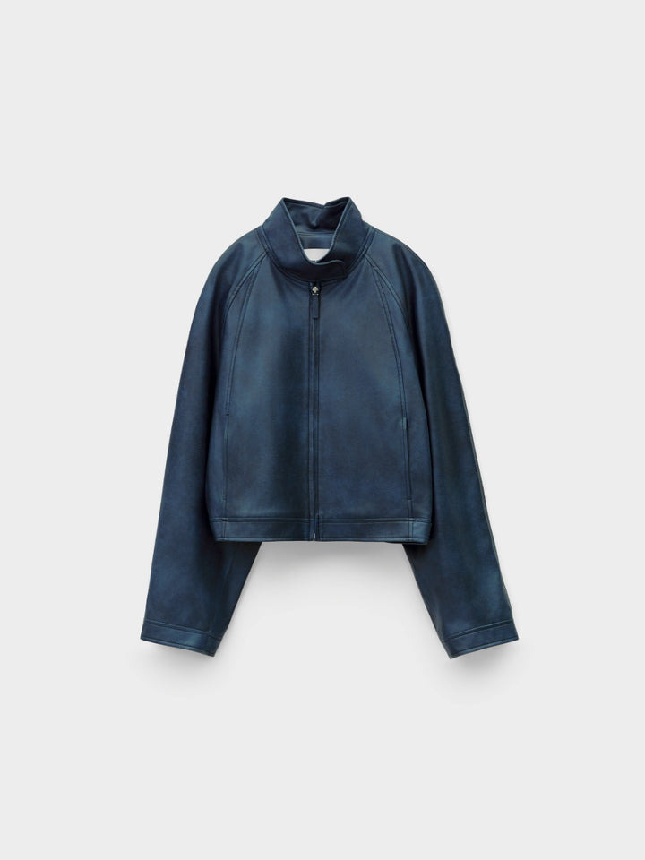 Low Classic Stand Collar Artificial Leather Jumper Navy