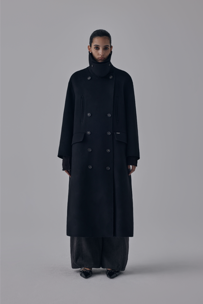 Treemingbird High Neck Double Button Wool Long Coat Black