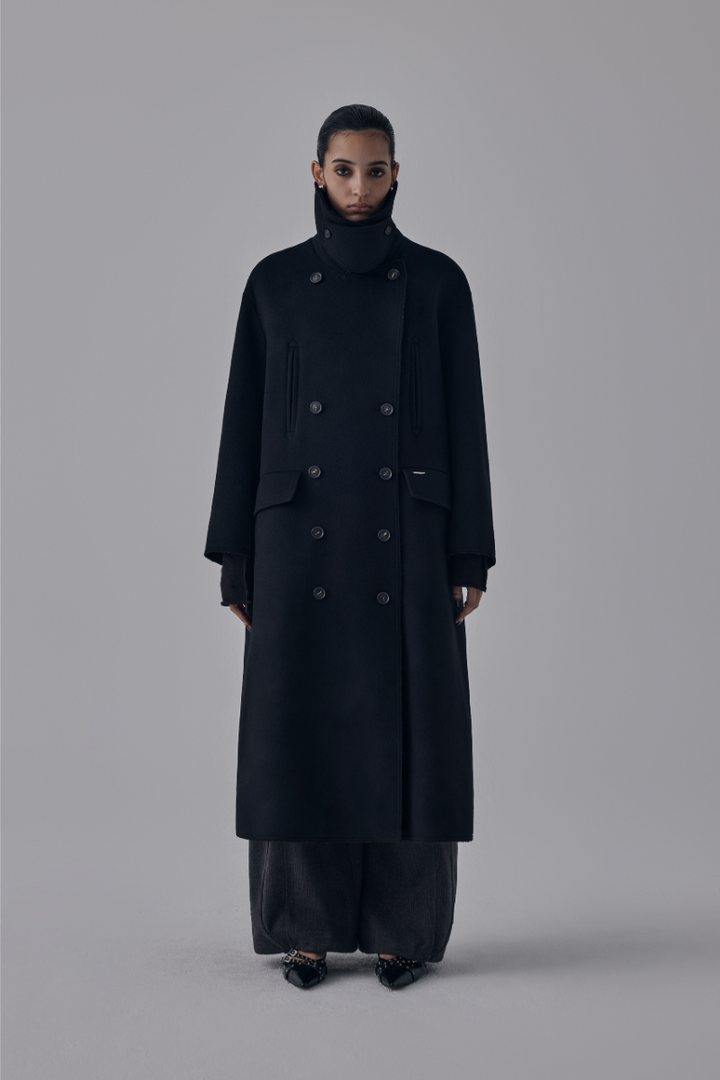 Treemingbird High Neck Double Button Wool Long Coat Black