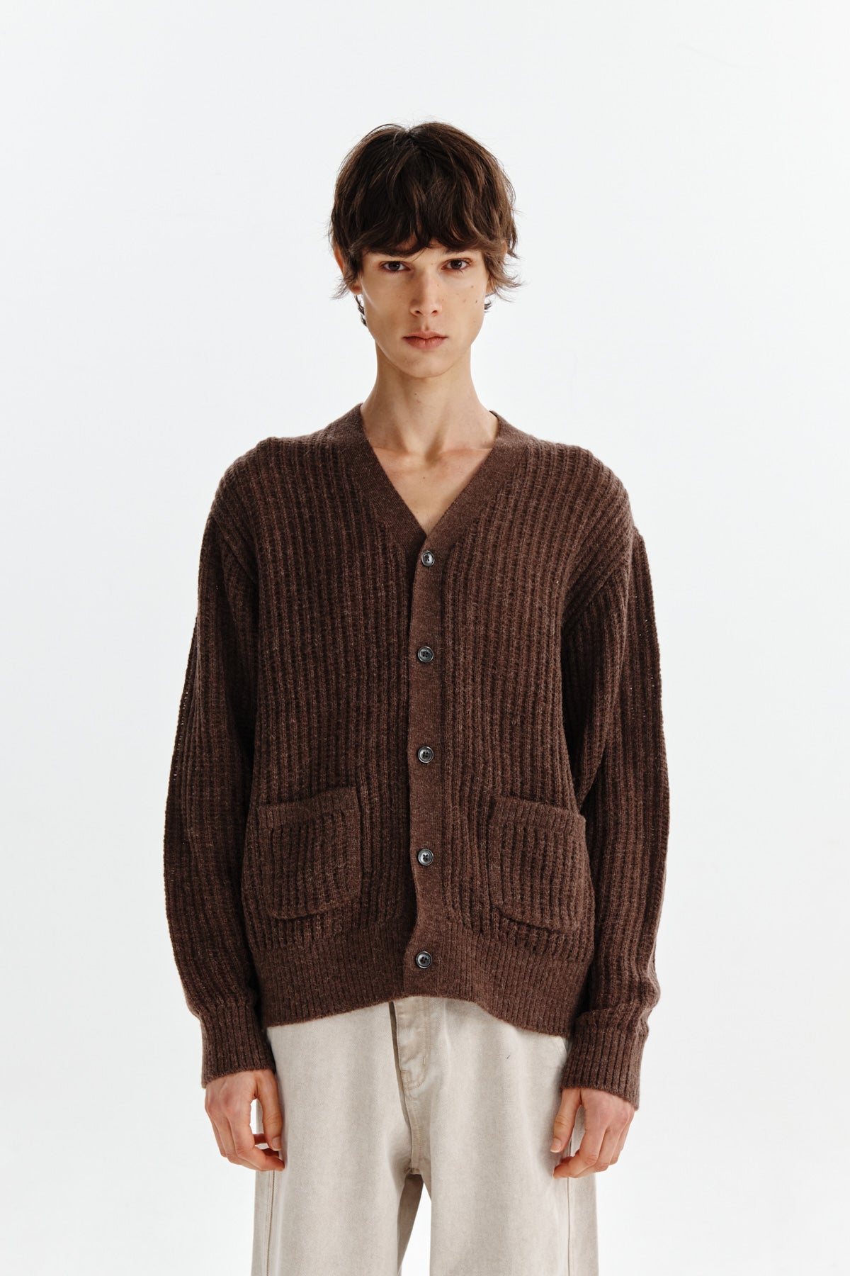 [matinkim] HAIRY CROCHET CARDIGAN FOR MEN IN BROWN