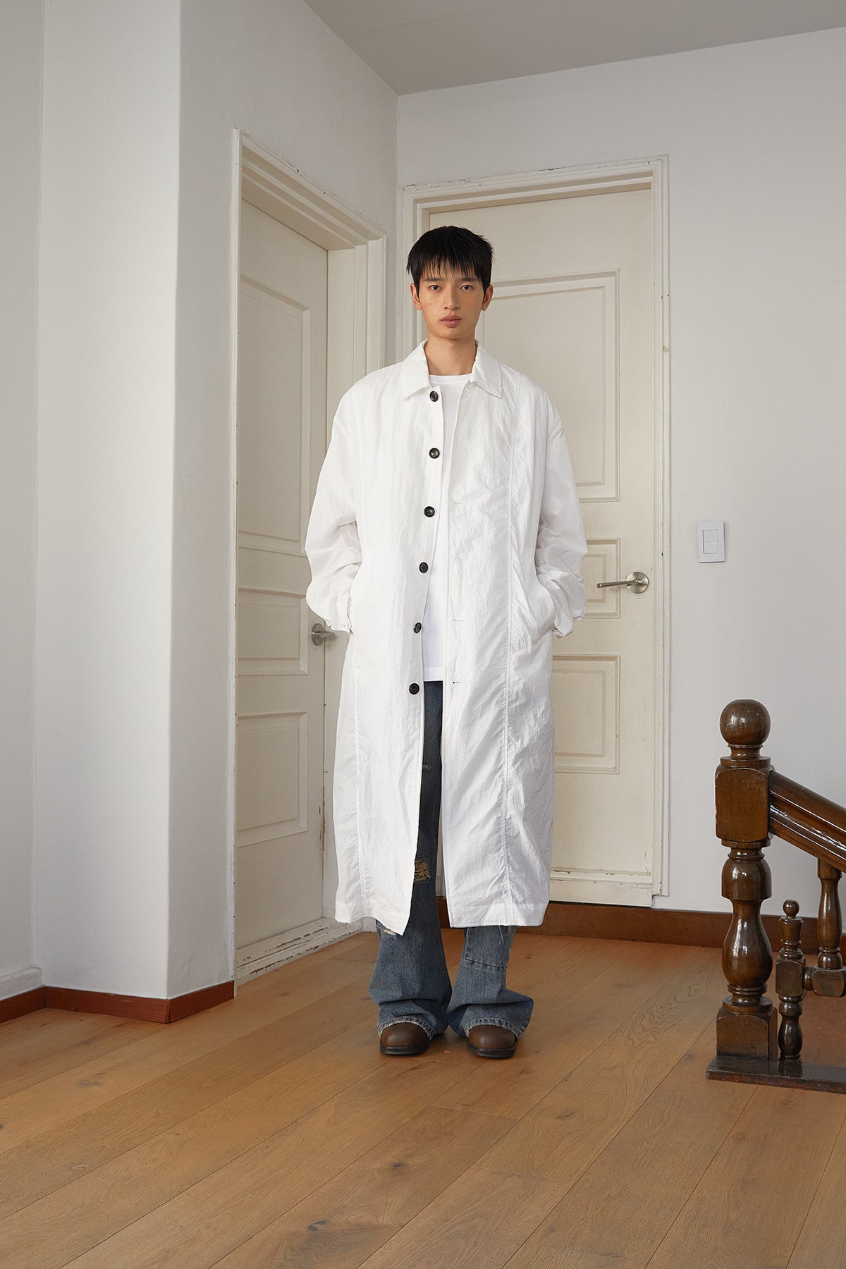 [matinkim] BACK LOGO POINT NYLON LONG COAT FOR MEN IN WHITE