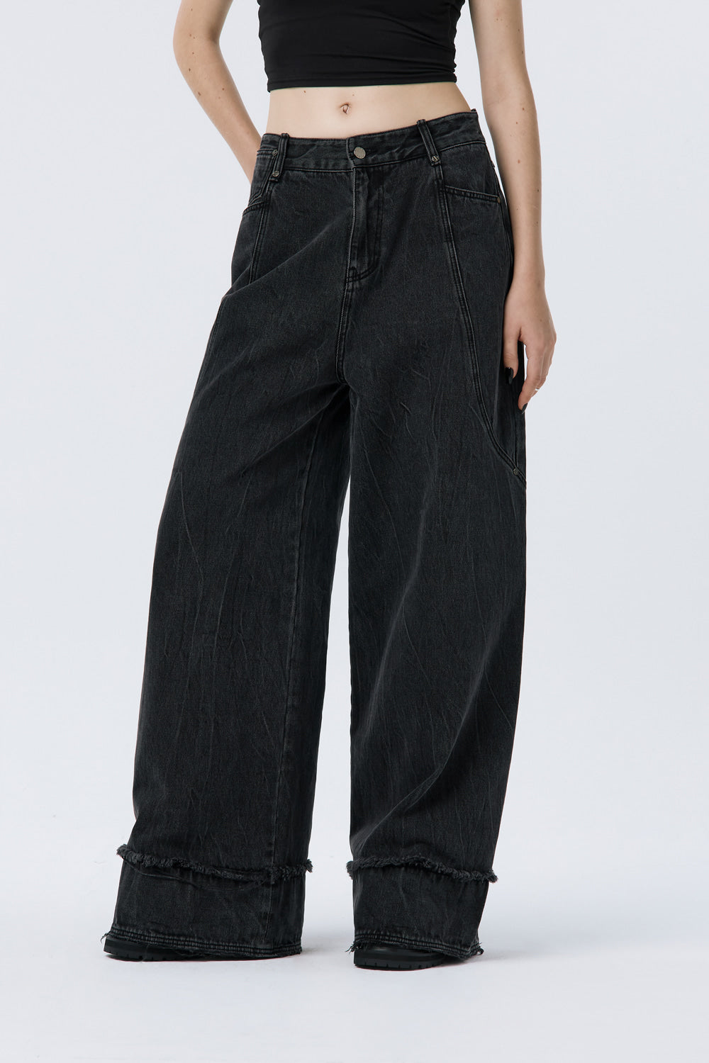 Treemingbird Turn-up Wide Denim Pants Black