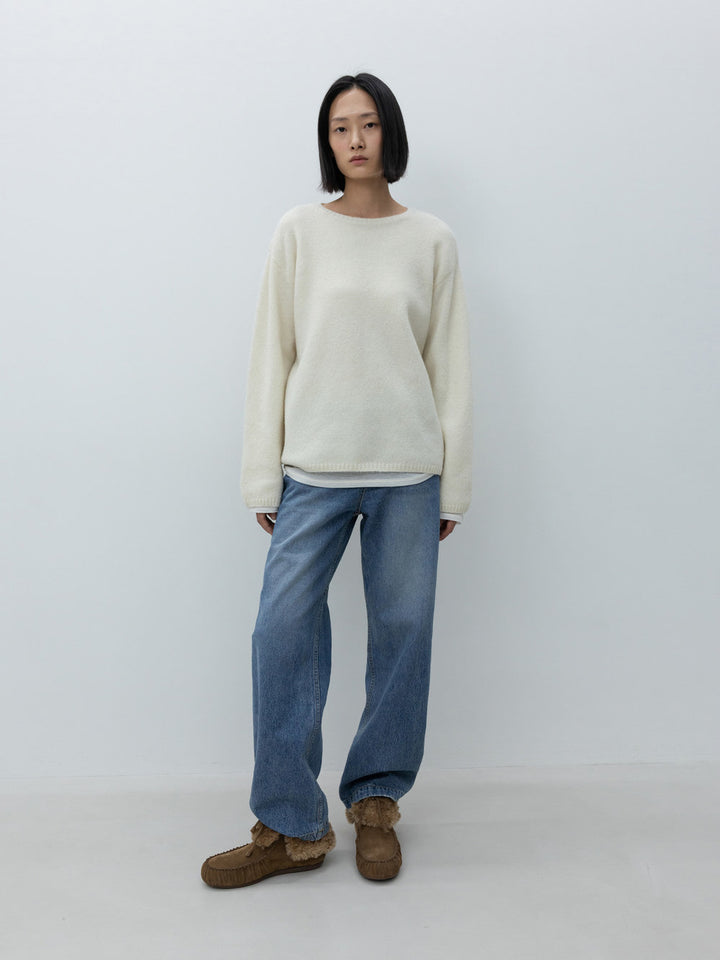 Low Classic Round Neck Wool Pullover Ivory