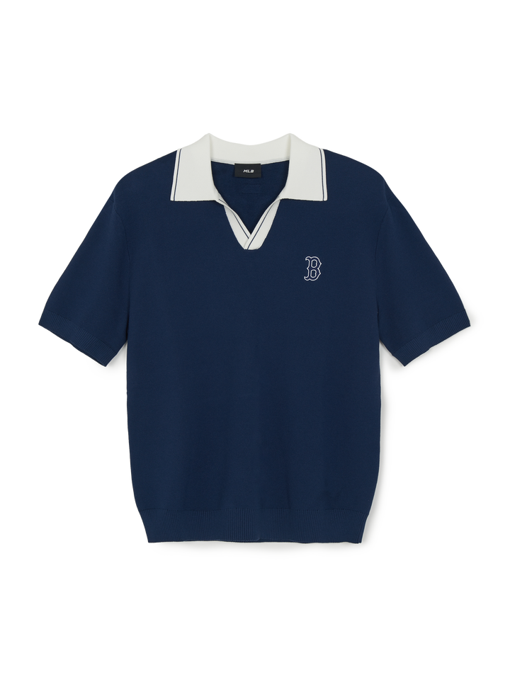 MLB Korea Varsity Tuck Texture Open Collar Short Sleeve Knit Pullover