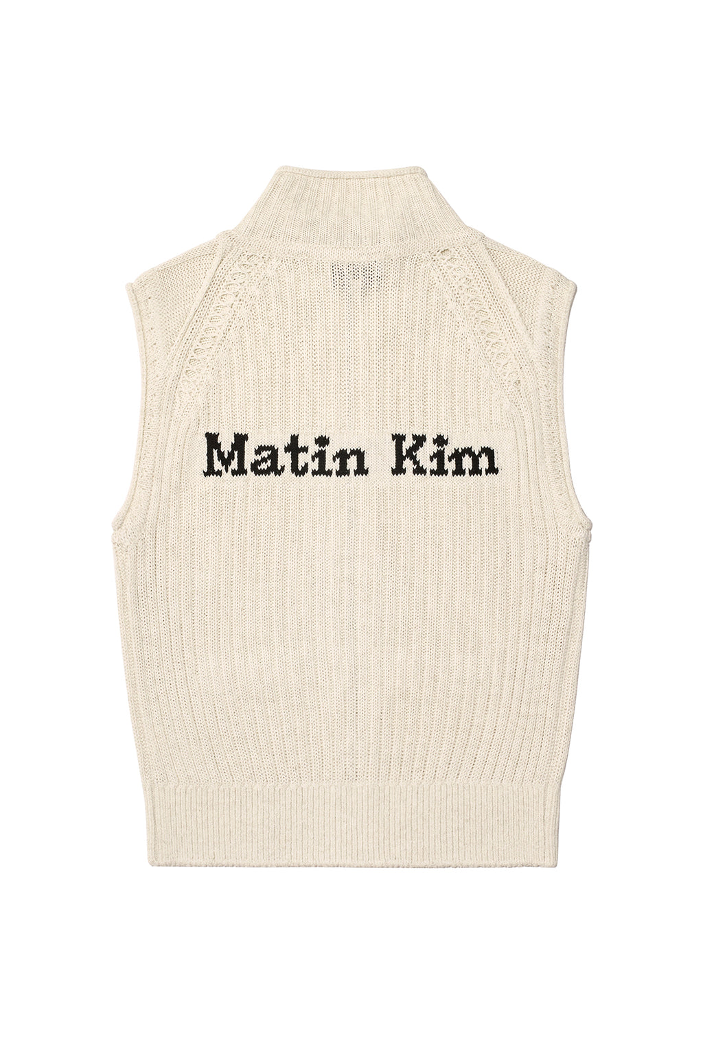 [matinkim] BACK LOGO HIGH NECK KNIT VEST IN LIGHT BEIGE