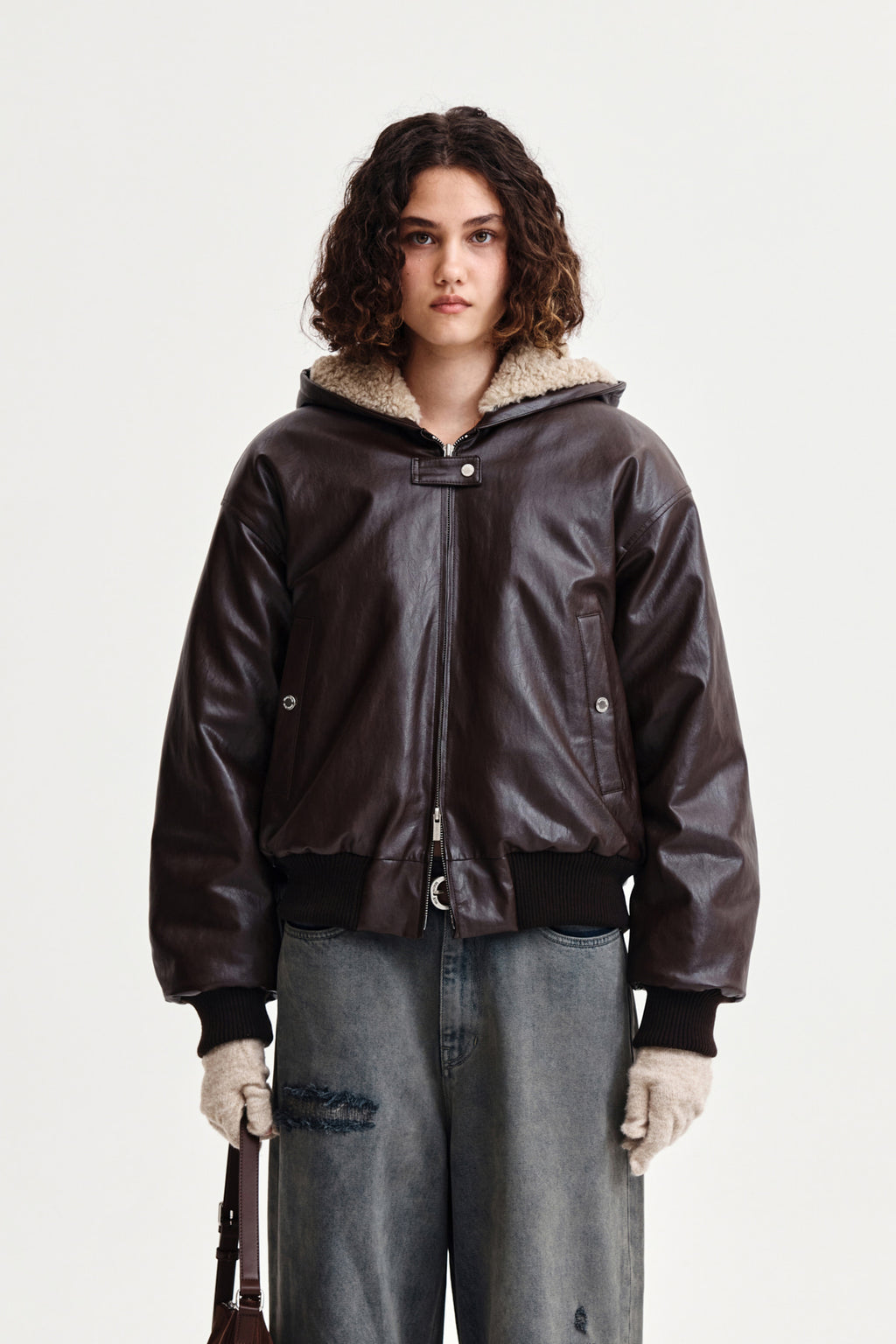 [matinkim] Faux Leather Zip UP Hoody IN Brown