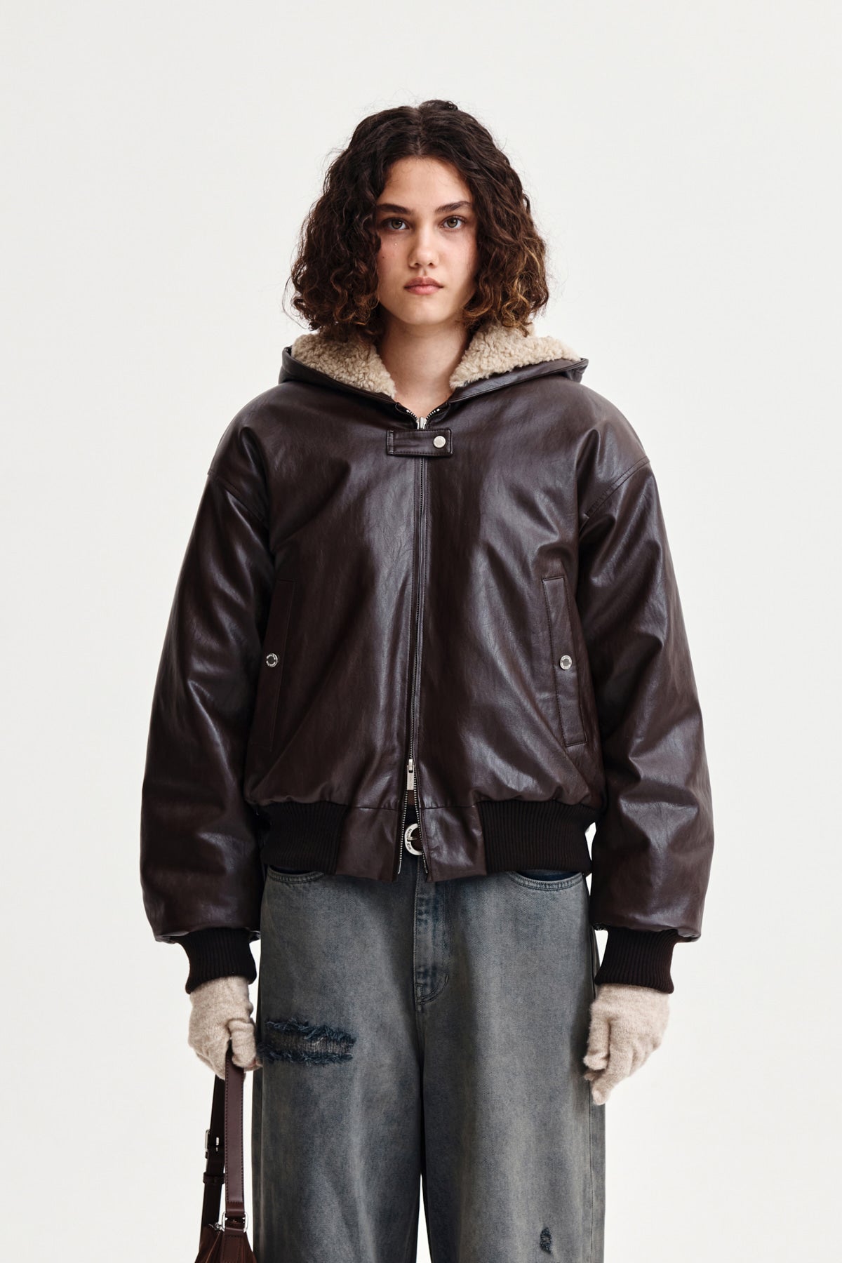 [matinkim] Faux Leather Zip UP Hoody IN Brown
