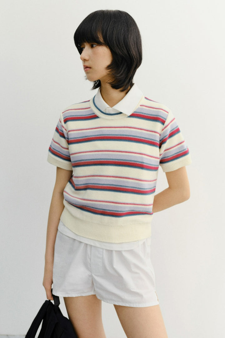 Dunst Unisex Striped Crewneck Knit Cream Red
