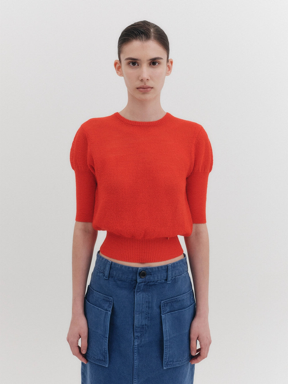 EENK Sheer Short Sleeve Knitwear Top - Red