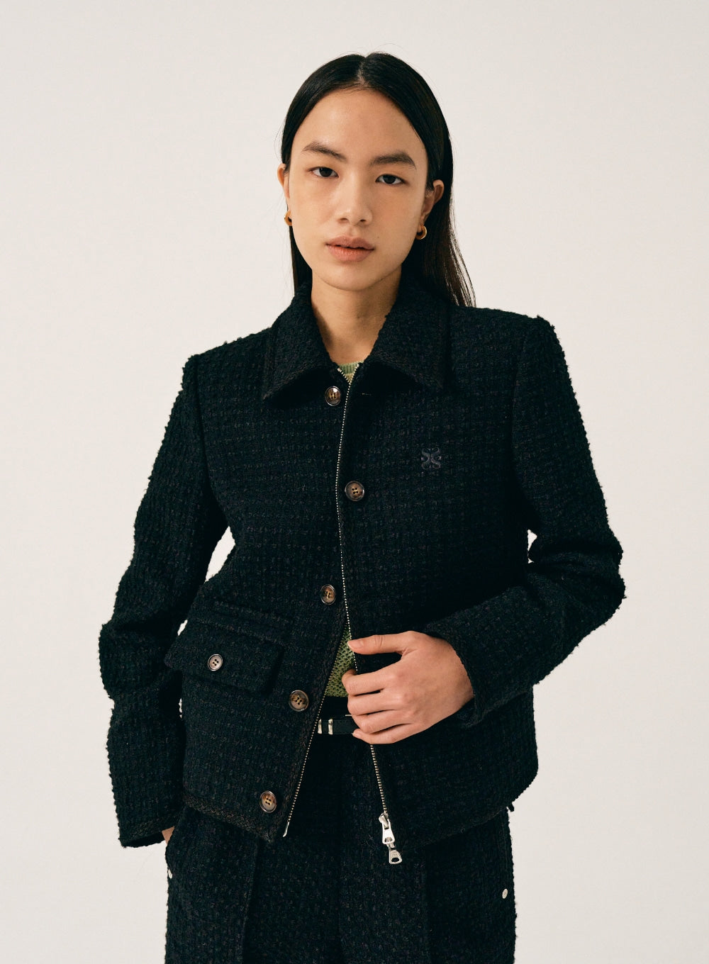 [satur] (W) Aachen Wool Blend Collar Tweed Jacket - Resort Black