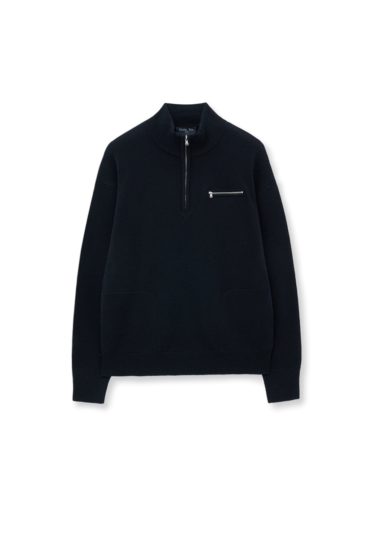 [matinkim] BACK LOGO HALF KNIT ZIP UP PULLOVER FOR MEN IN NAVY