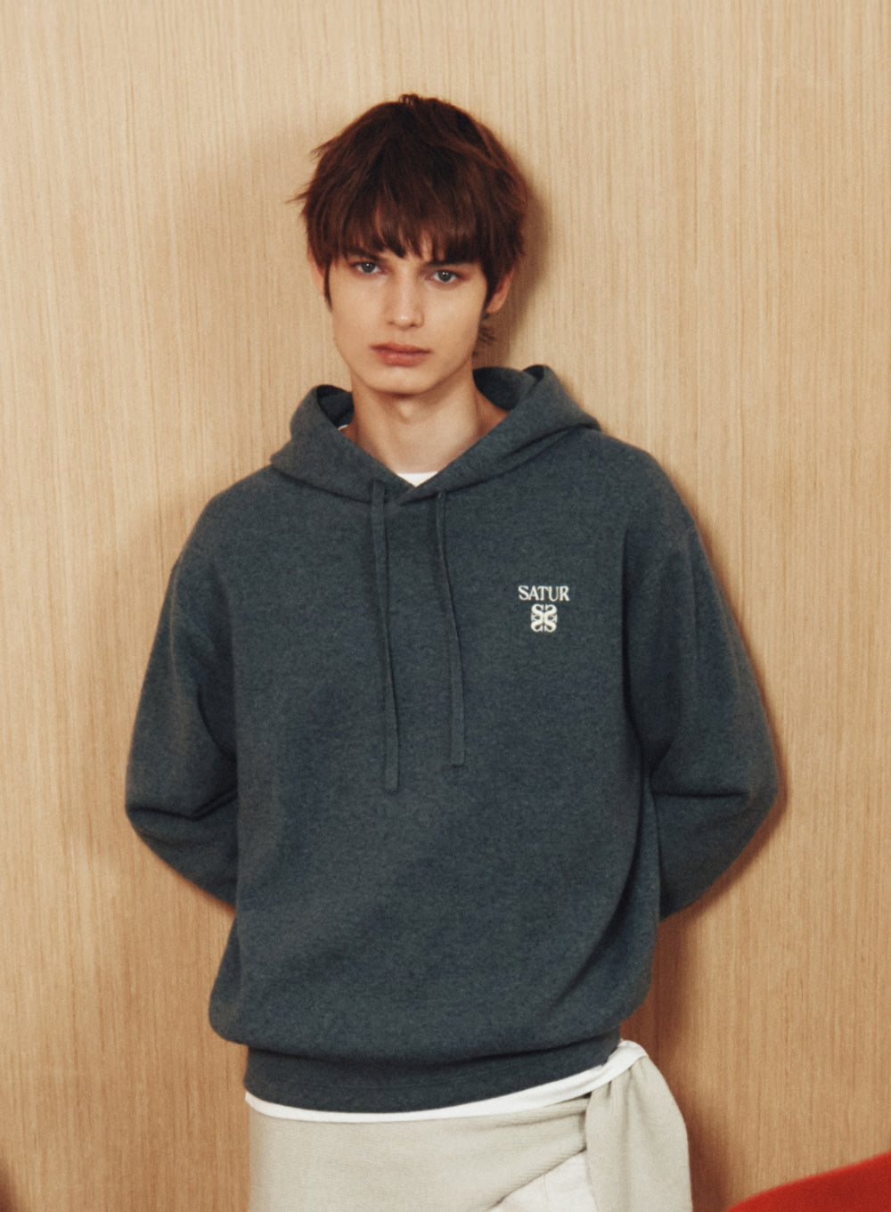 [satur] Classic Semi Loose Fit Knit Hoodie - Blue