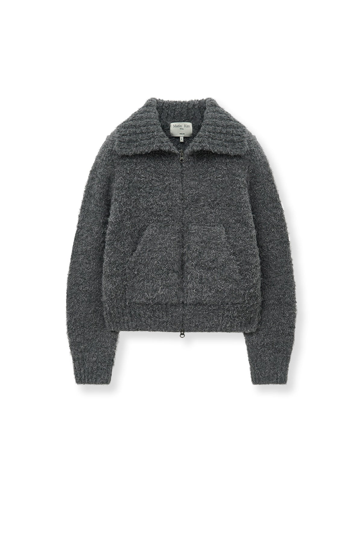 [matinkim] BOUCLE KNIT ZIP UP CARDIGAN IN CHARCOAL