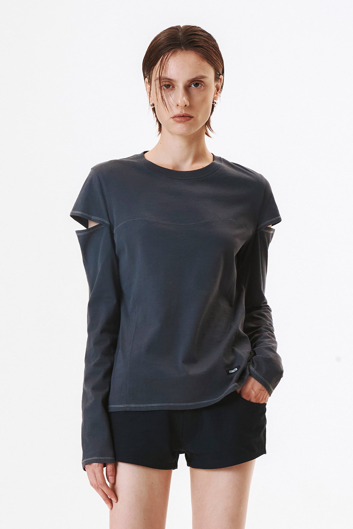 Matinkim Stitch Cut Out Long Sleeve Top IN Charcoal