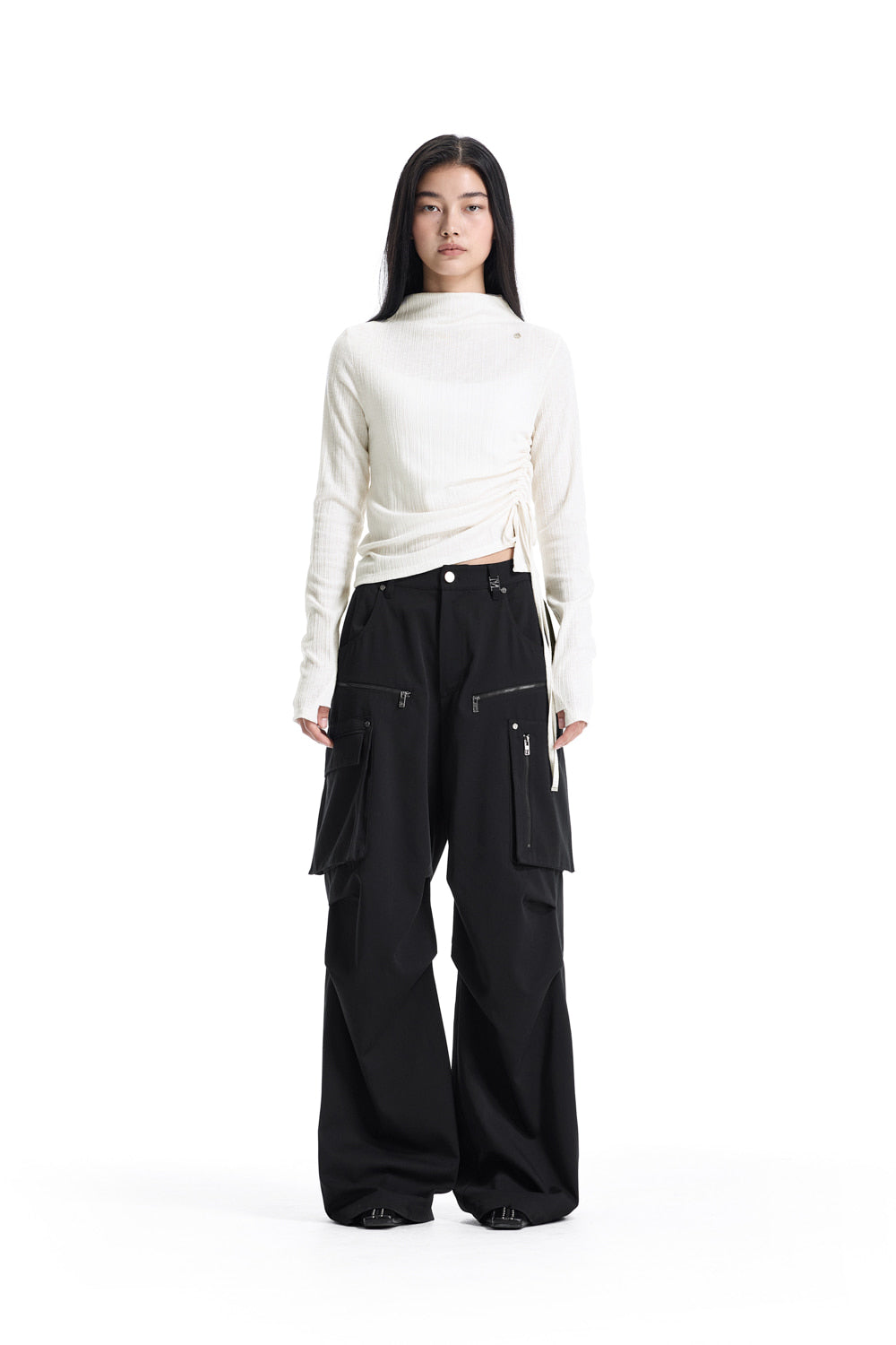 Treemingbird String Ribbed Mock Neck Long Sleeve T-Shirt Ivory
