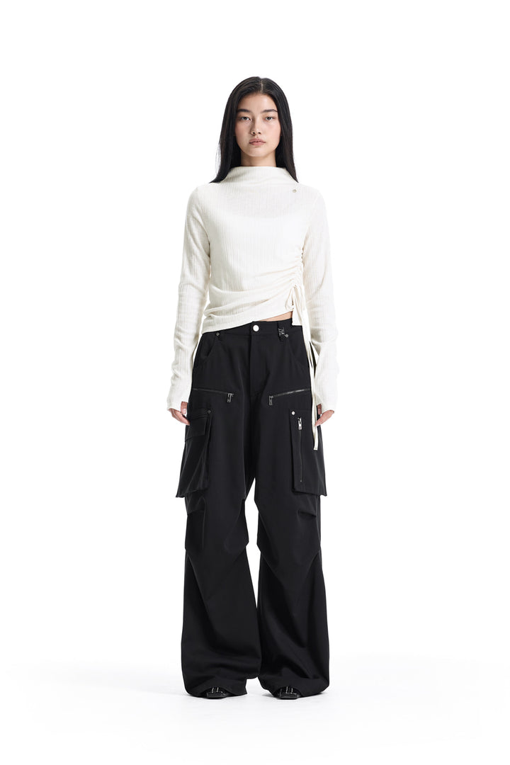 Treemingbird String Ribbed Mock Neck Long Sleeve T-Shirt Ivory
