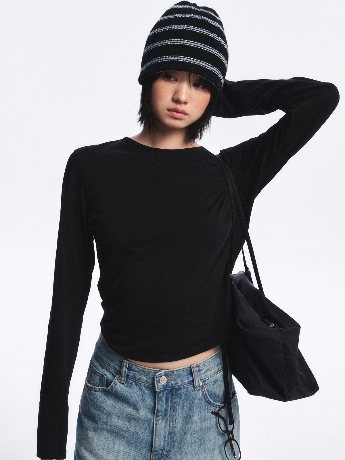 Low Classic Wool Cash Blend Striped Beanie Charcoal Grey