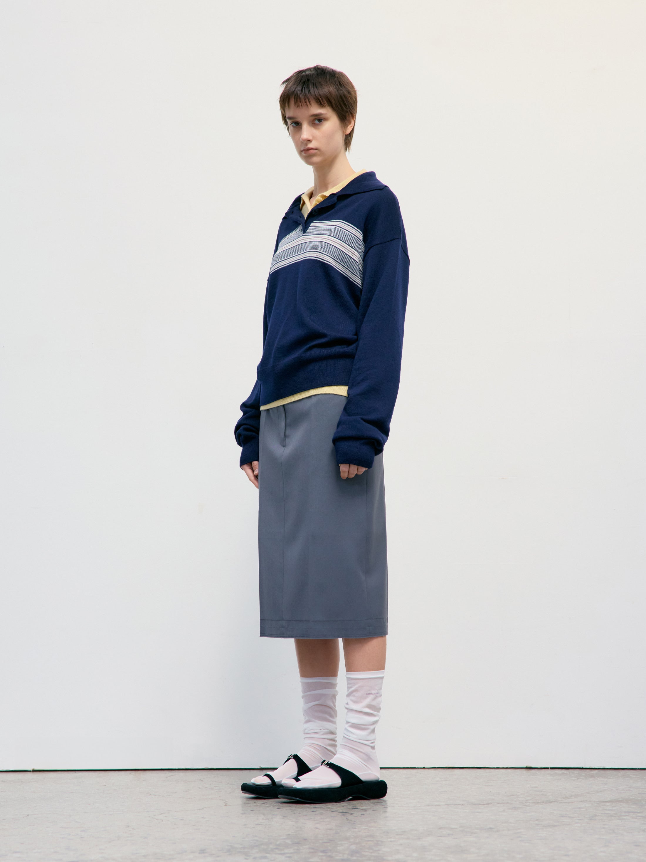 [Low Classic] Multi Stripe Pique Knit Top_Navy