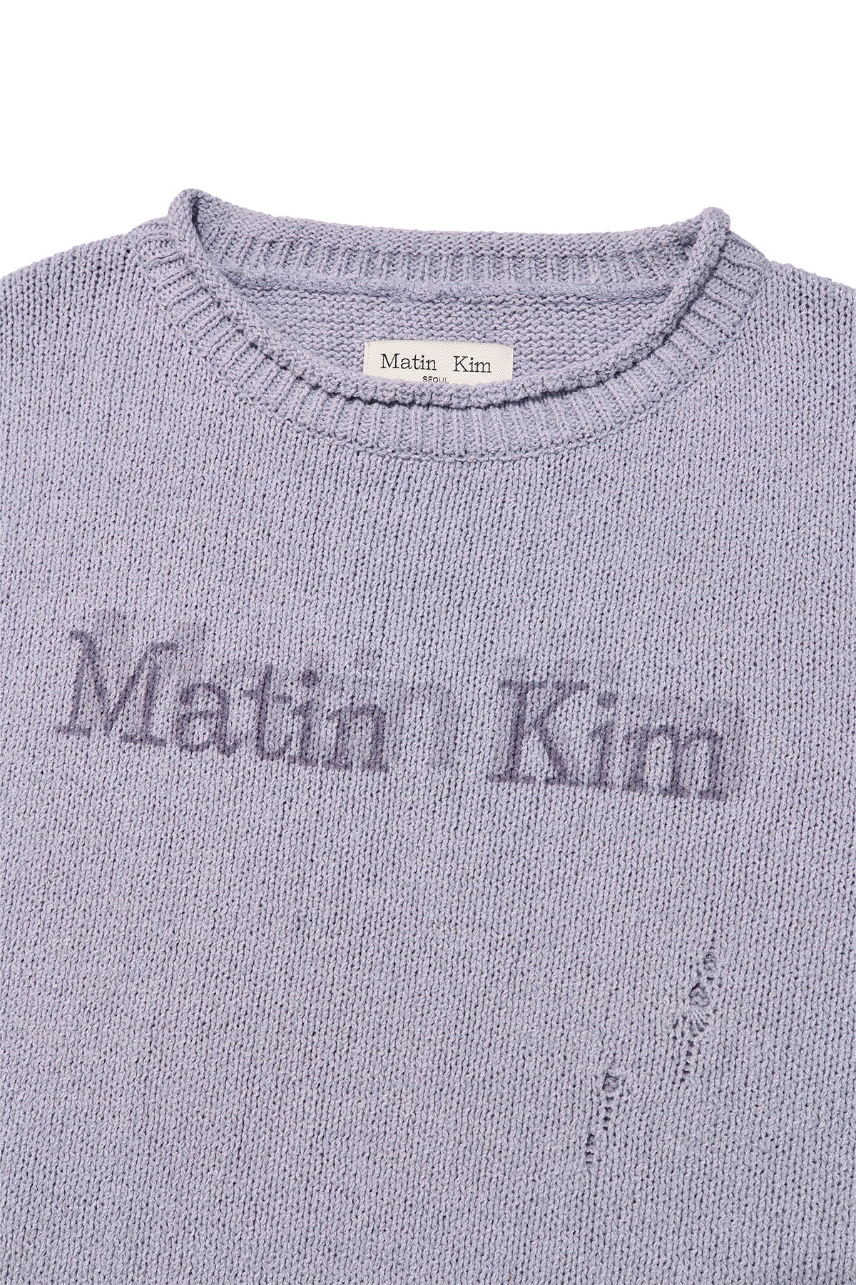 [matinkim] CRACK LOGO VINTAGE KNIT PULLOVER FOR WOMEN IN LILAC