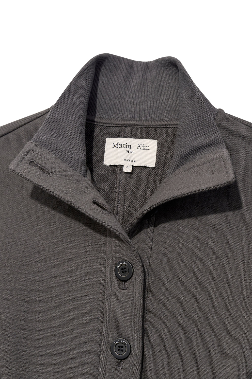 [matinkim] HIGH NECK BALLOON BUTTON CARDIGAN IN CHARCOAL