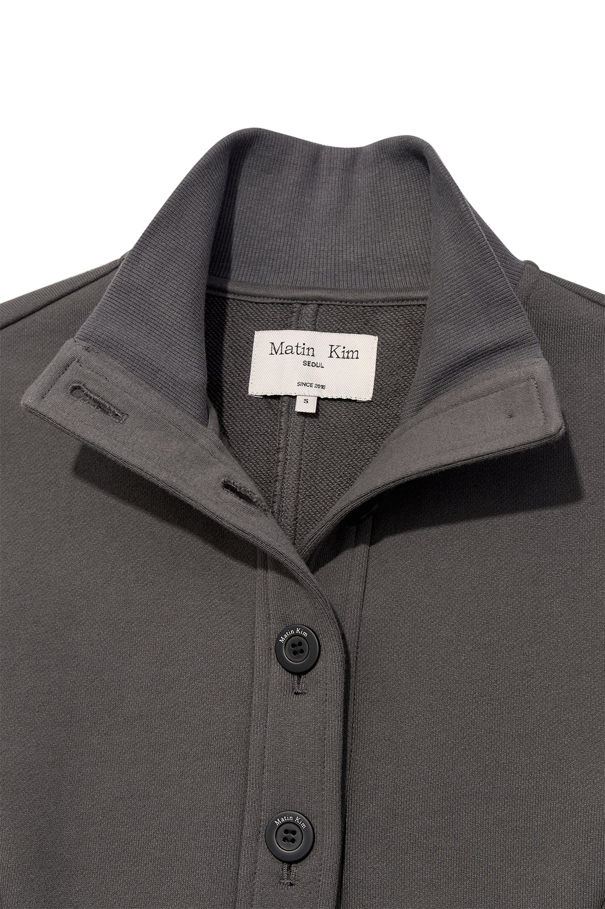 [matinkim] HIGH NECK BALLOON BUTTON CARDIGAN IN CHARCOAL