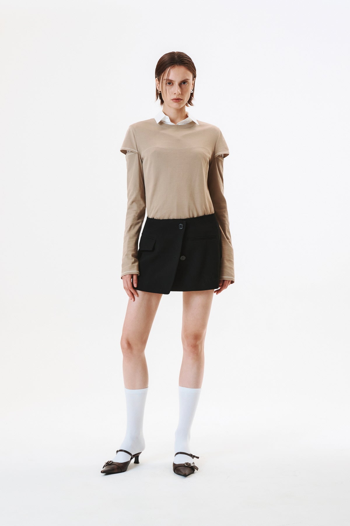 Matinkim Stitch Cut Out Long Sleeve Top IN Beige