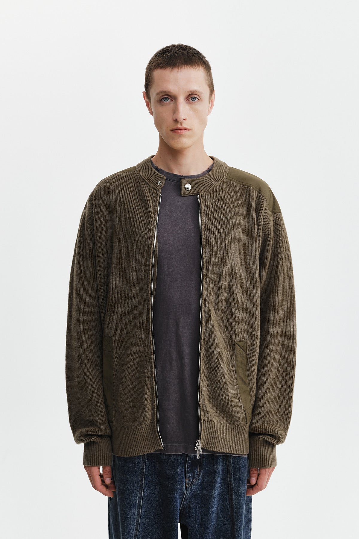 Matinkim Patch Detail Knit Zip UP For Men IN Khaki