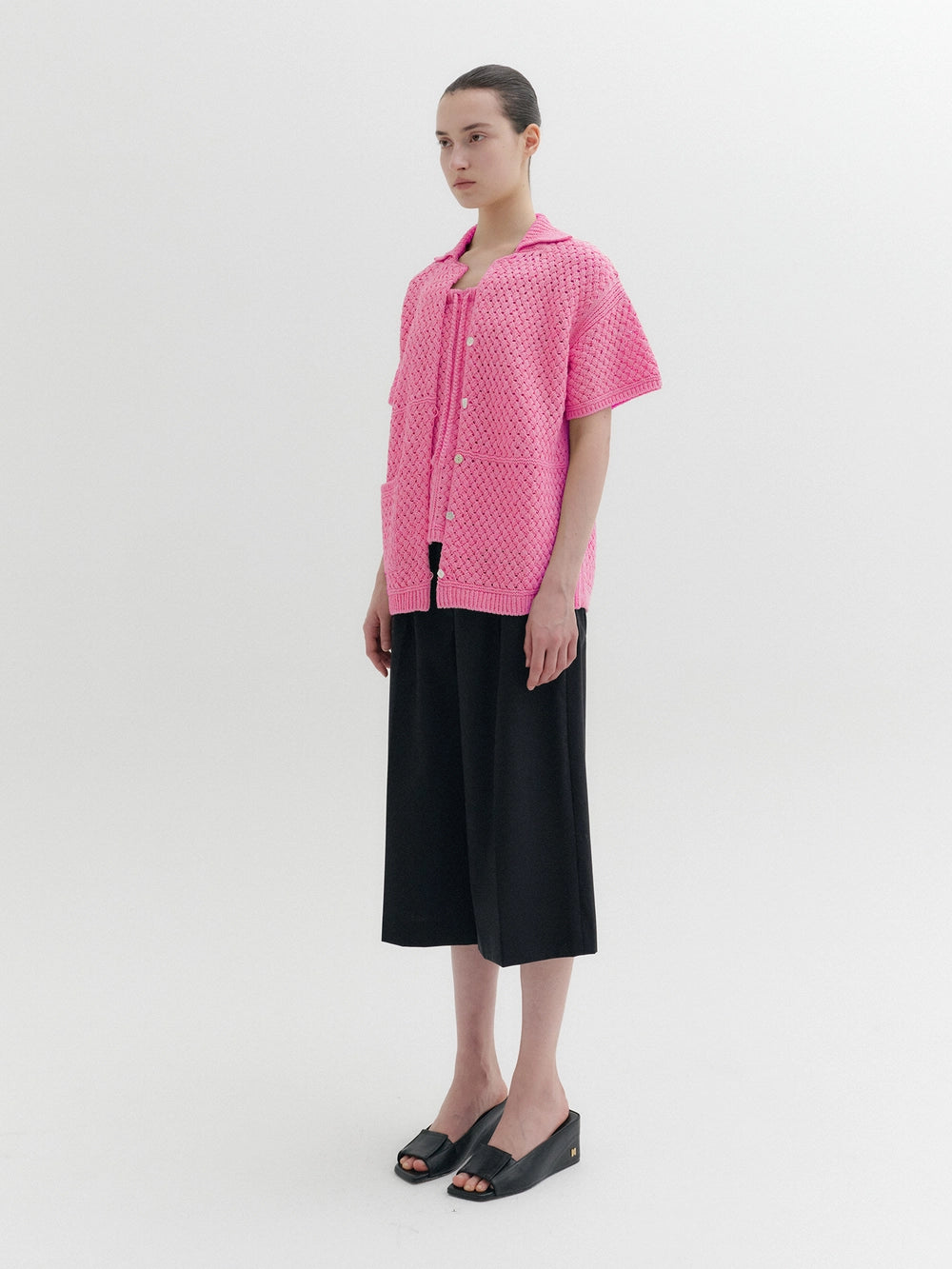 EENK Crochet Tie Strap Knitwear Top - Pink
