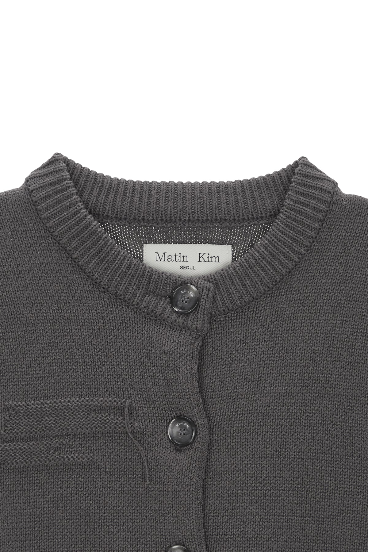[matinkim] DAMAGE ROUND HALF CARDIGAN IN CHARCOAL