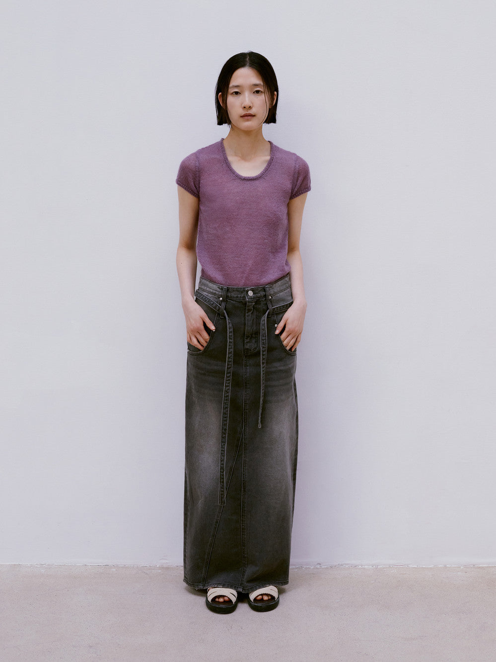 [Low Classic] Belted High Waist Denim Skirt_Grey