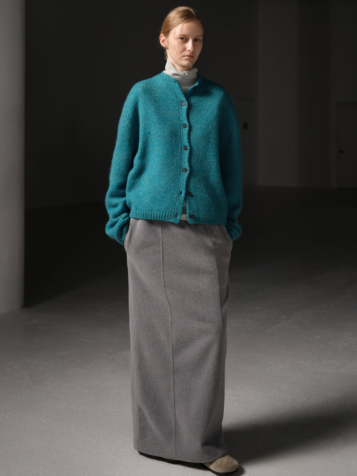 Facade Pattern Alpaca Mock Neck Cardigan lagoon blue