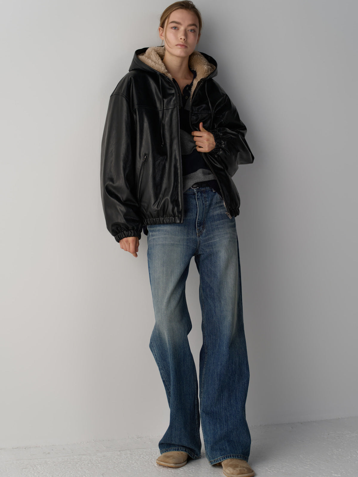 Facade Pattern Leather Fur Zip-Up Hoodie black