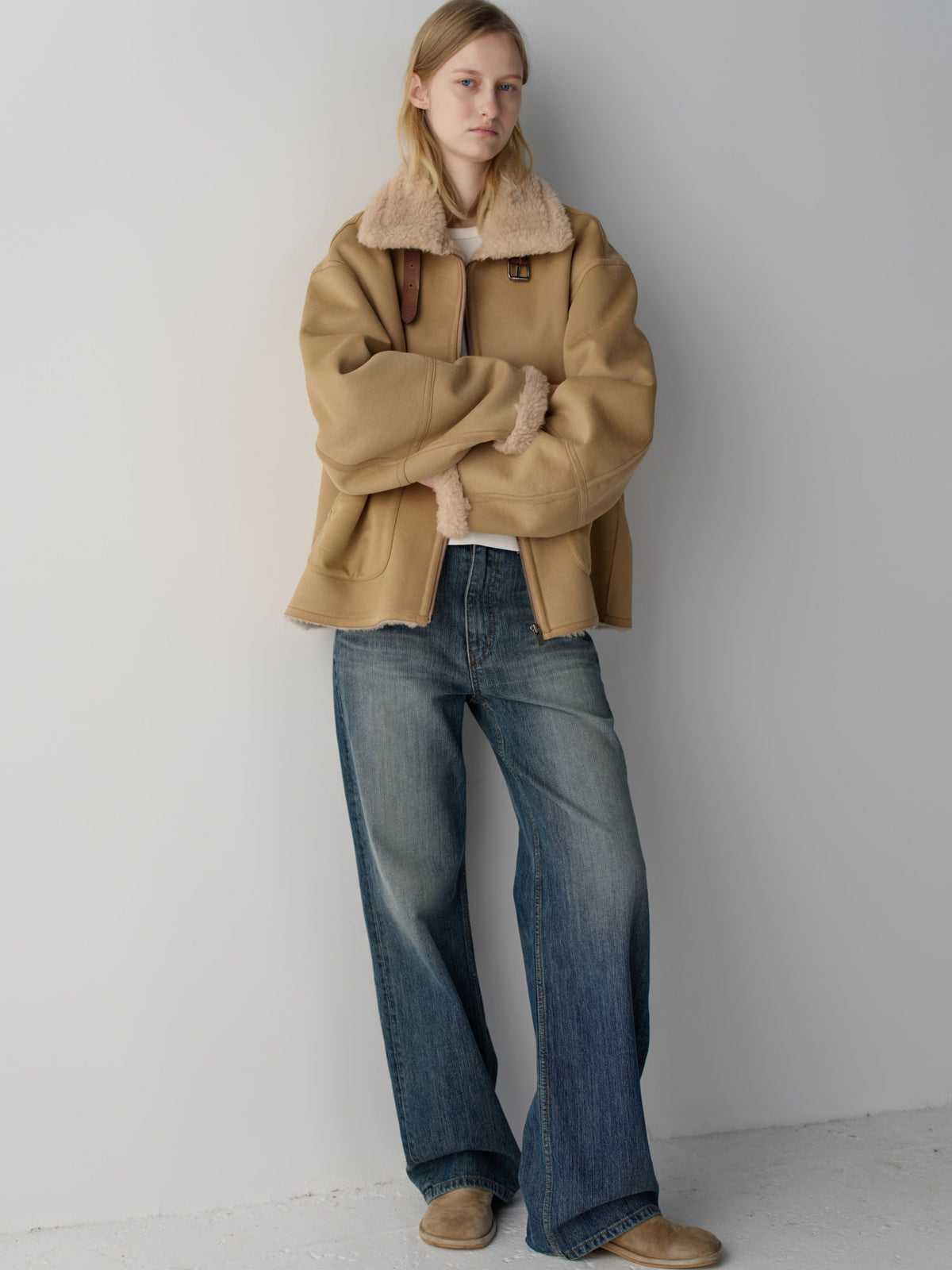 Facade Pattern Lambswool Suede Shearling Jacket beige