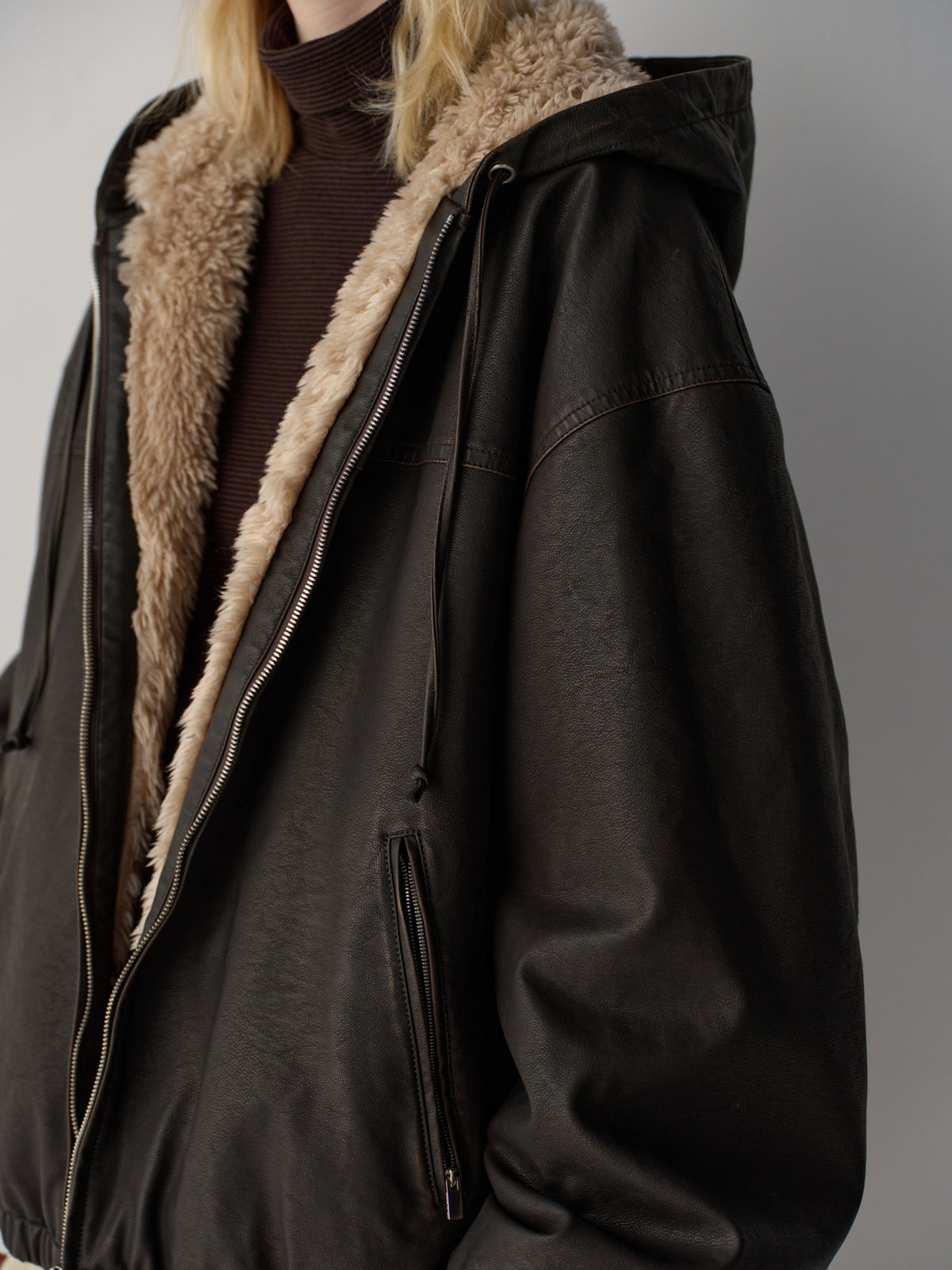 Facade Pattern Leather Fur Zip-Up Hoodie dark brown