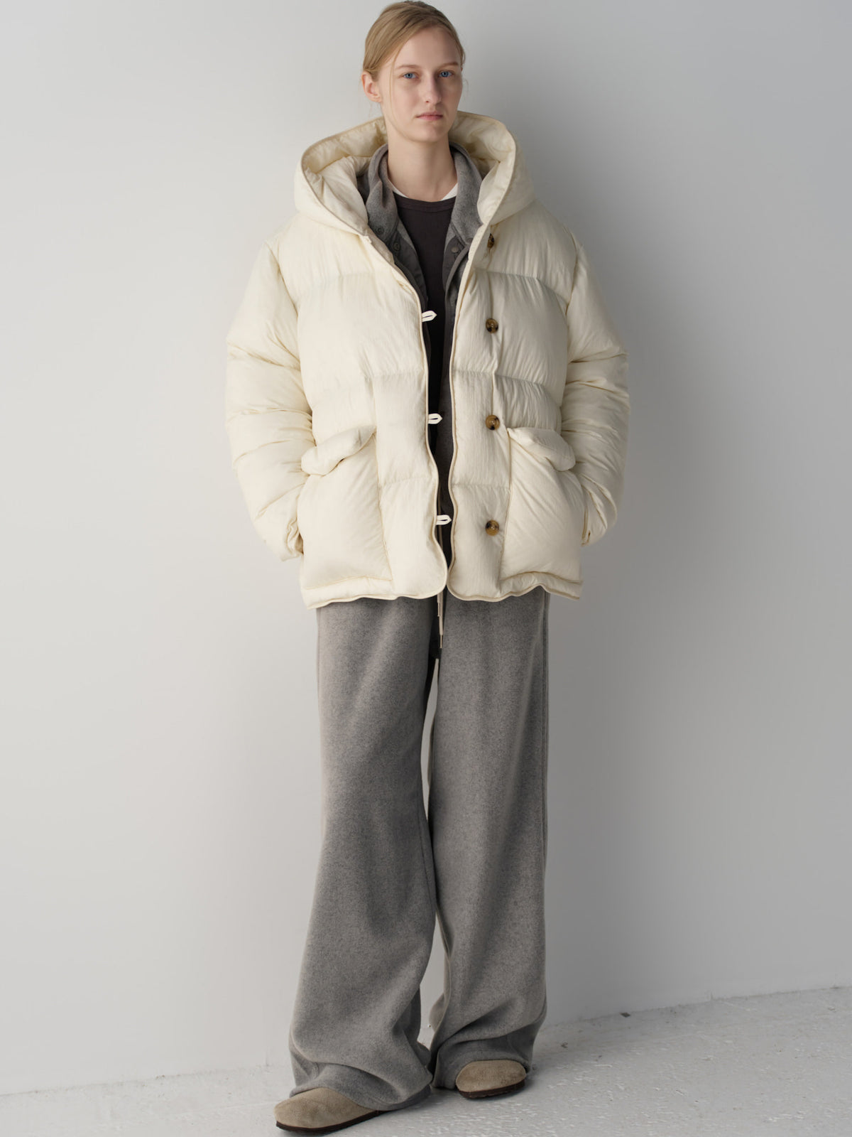Facade Pattern Goose Down Hooded Puffer ivory