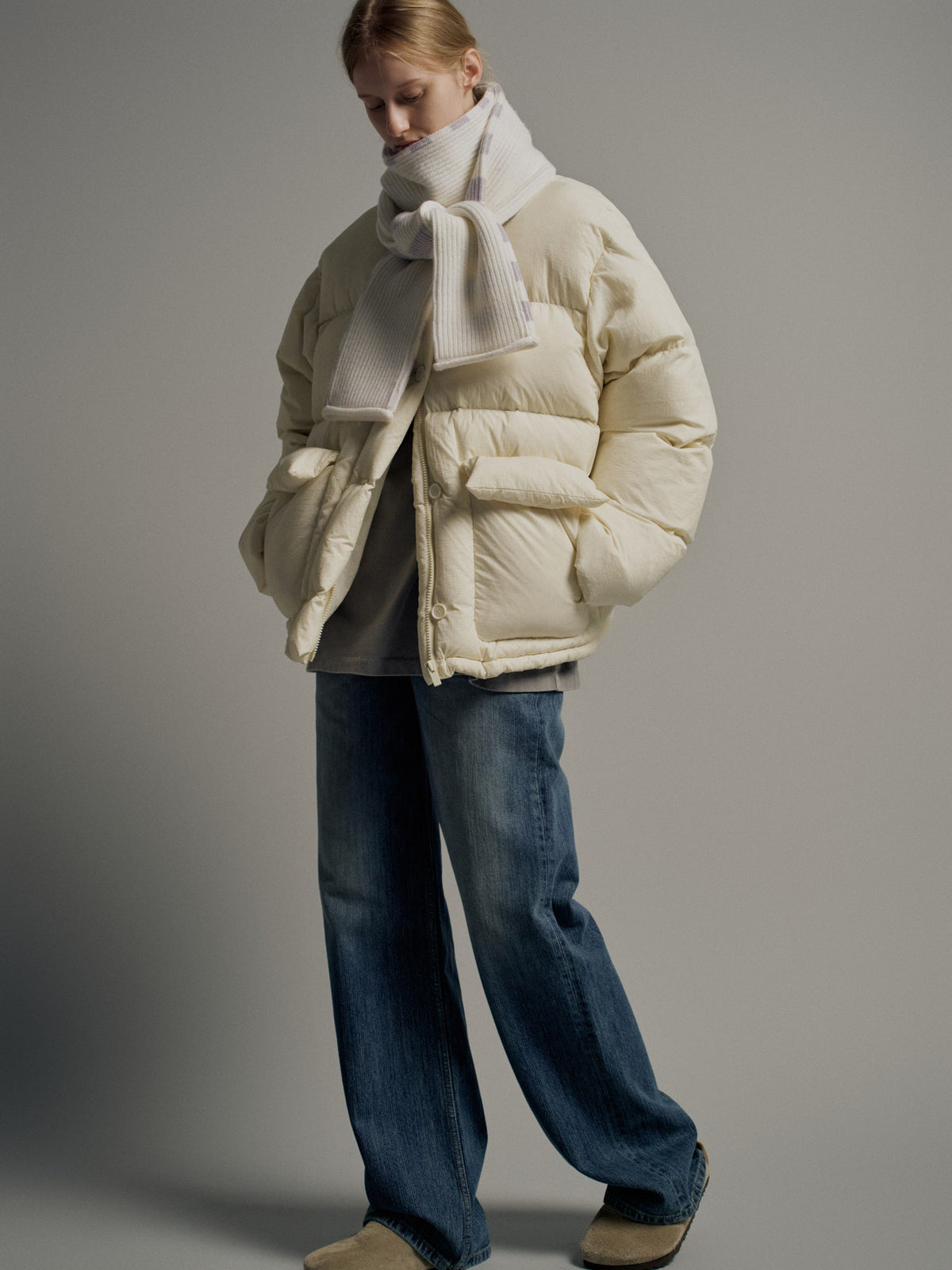 Facade Pattern Goose Down Button Puffer ivory