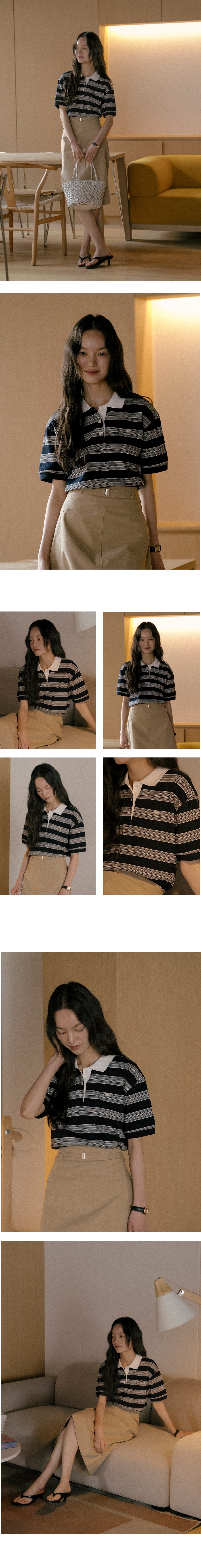 Tillidie Collar stripe cotton t-shirt Navy