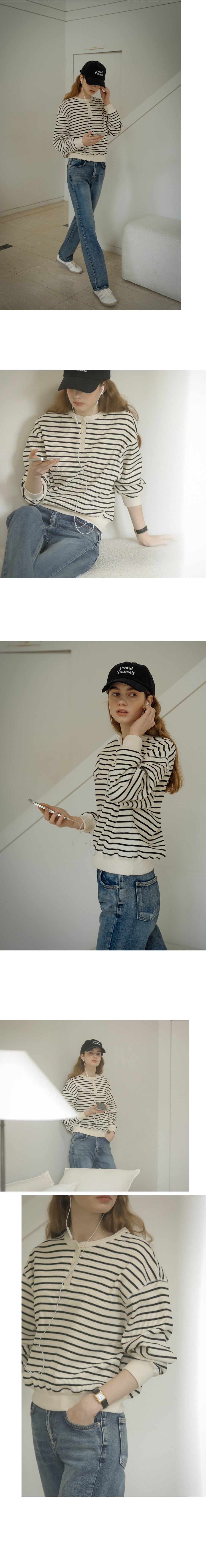 Tillidie Henry neck stripe ribbed t-shirt Ivory