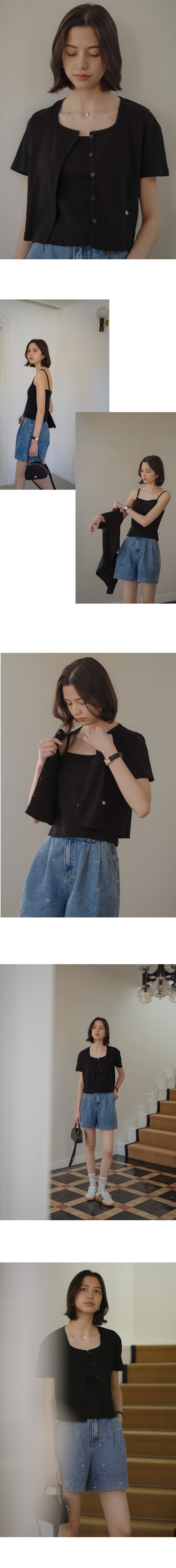 Tillidie Sleeveless set half sleeve eyelet cardigan Black
