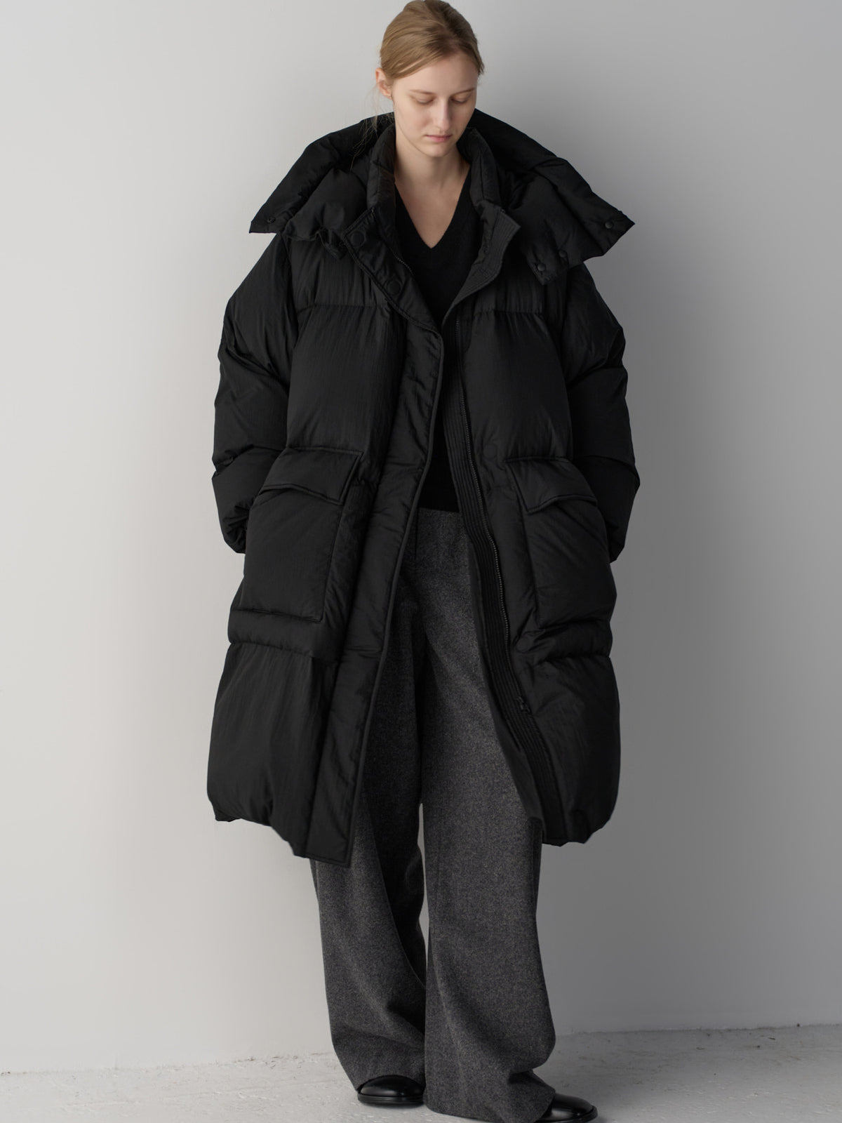 Facade Pattern Goose Down Long Padded Coat black