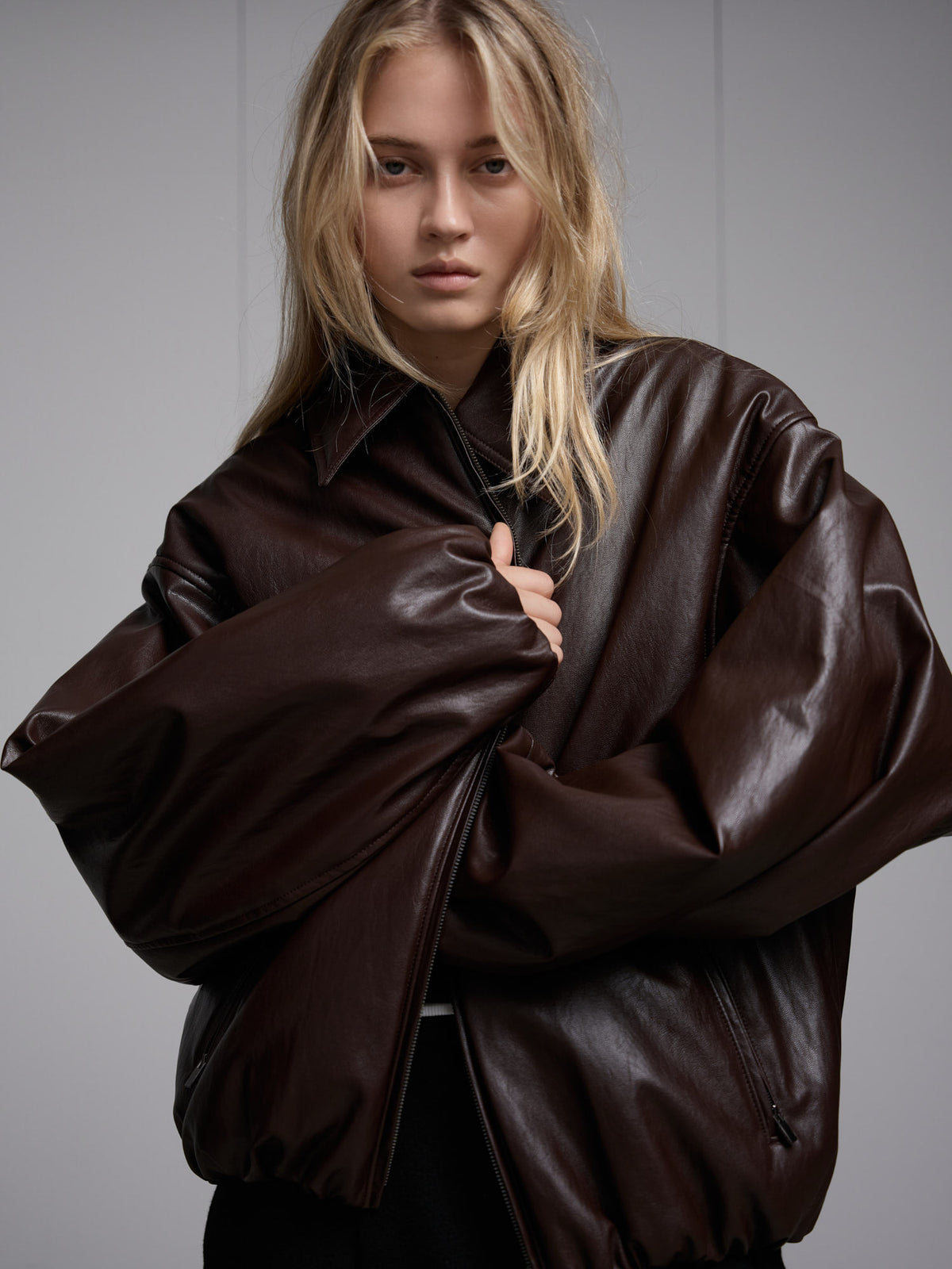 Facade Pattern Leather Bomber Jacket brown