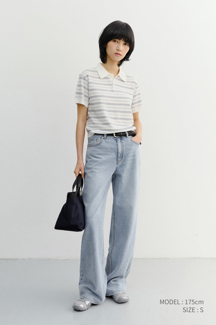 Dunst Unisex Striped Polo Knit White Soft Blue