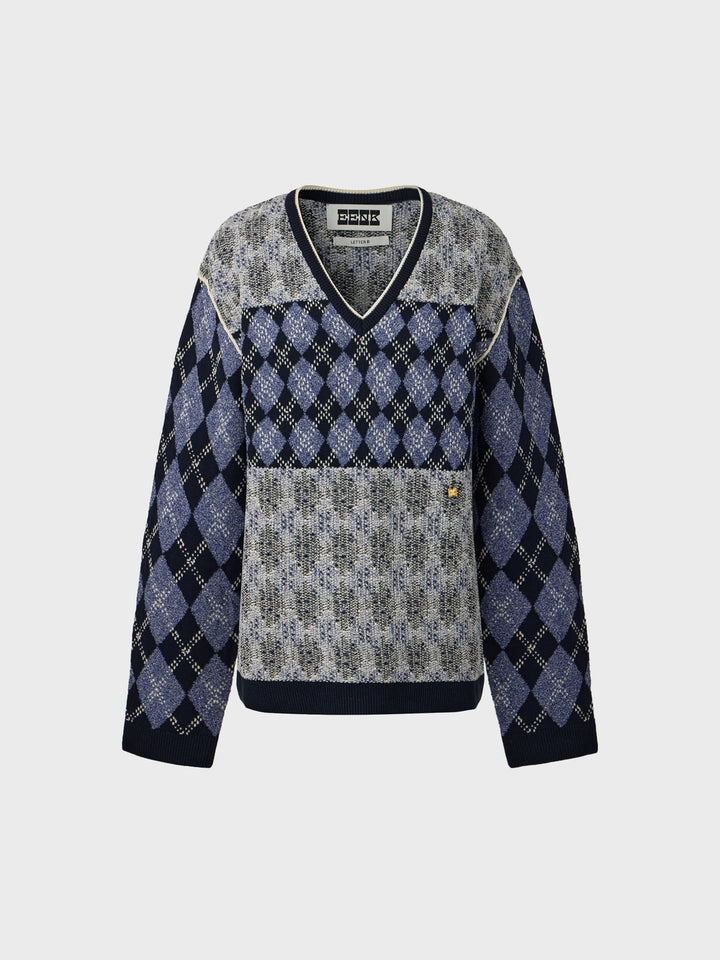 EENK V-Neck Argyle Knitwear Top - Navy