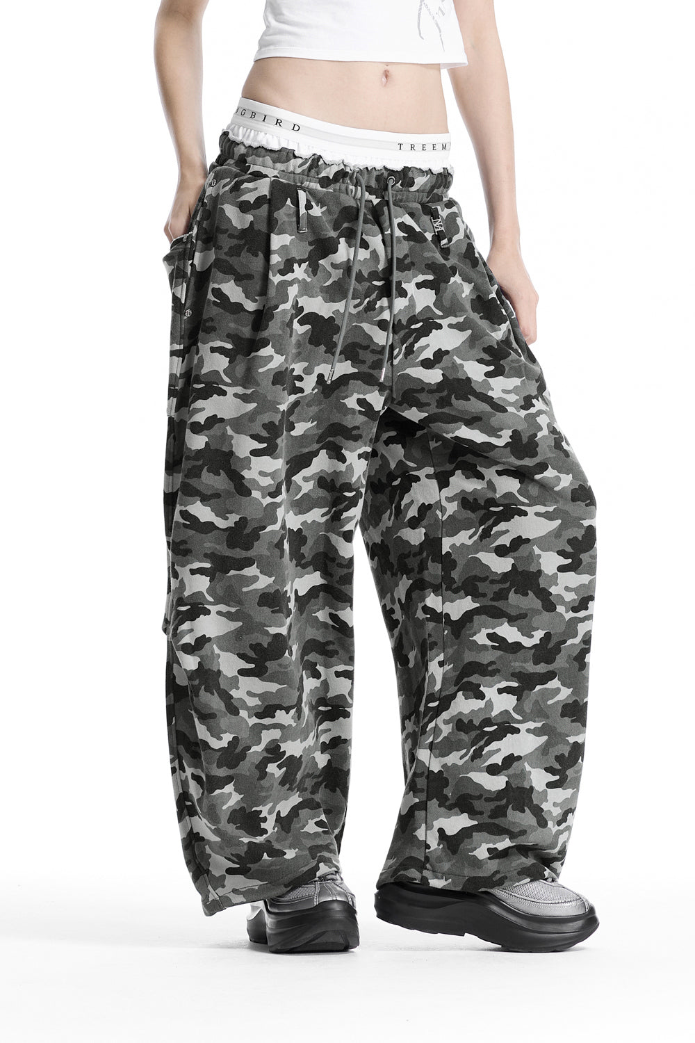Treemingbird Camo Double Waist Sagging Sweat Pants Light Gray